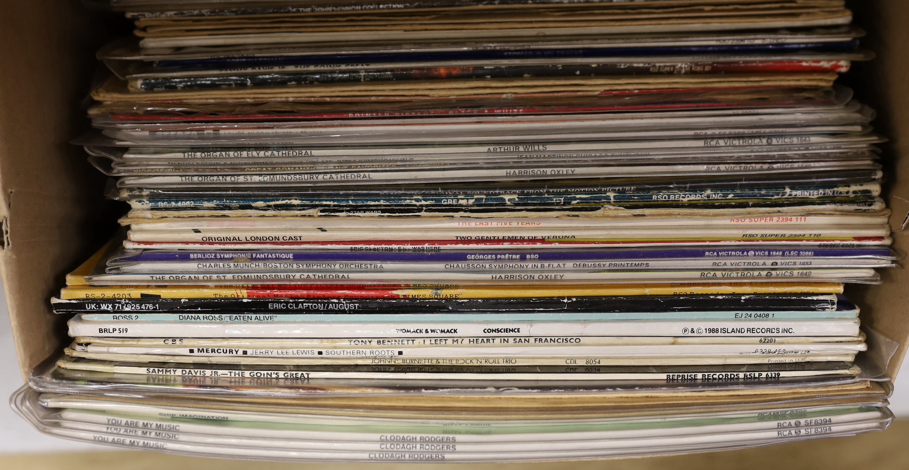 Approximately seventy LP record albums by artists including; Frank Sinatra, Herb Alpert, the Bee Gees, Eric Clapton, John Lennon, Ella Fitzgerald, etc. some albums not in original covers, most albums ex-BBC Gramophone Li